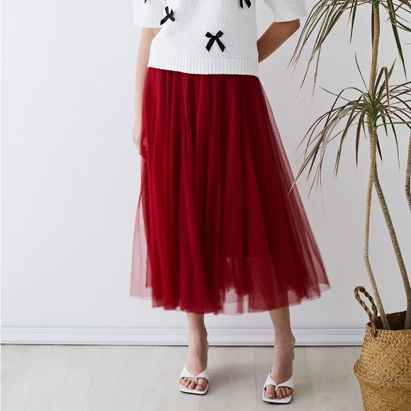 Red chiffon midi skirt fully lined - Picture 4 of 8